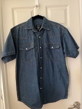 vintage Lakin McKey short-sleeve denim western pearl snap work shirt cotton M